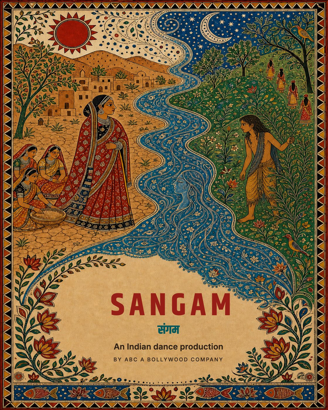 SANGAM poster — a Madhubani painting of a river dividing a dry landscape from a green one, titled SANGAM, an Indian dance production by ABC a bollywood company