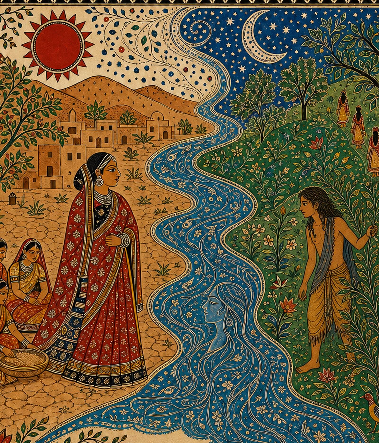 A Madhubani painting: a river runs between a parched village where women sit with an empty grain basket, and a green forest where a long-haired boy stands among flowering branches. A sun burns over the dry side, a crescent moon over the green. The river’s current forms the face and flowing hair of a goddess.